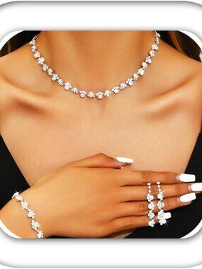 Bridal Wedding Jewelry Set Silver Rhinestones Choker Necklaces Earrings Bracelet